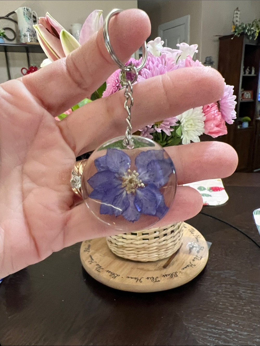 New Pressed Purple Flower Resin Keychain Pendant